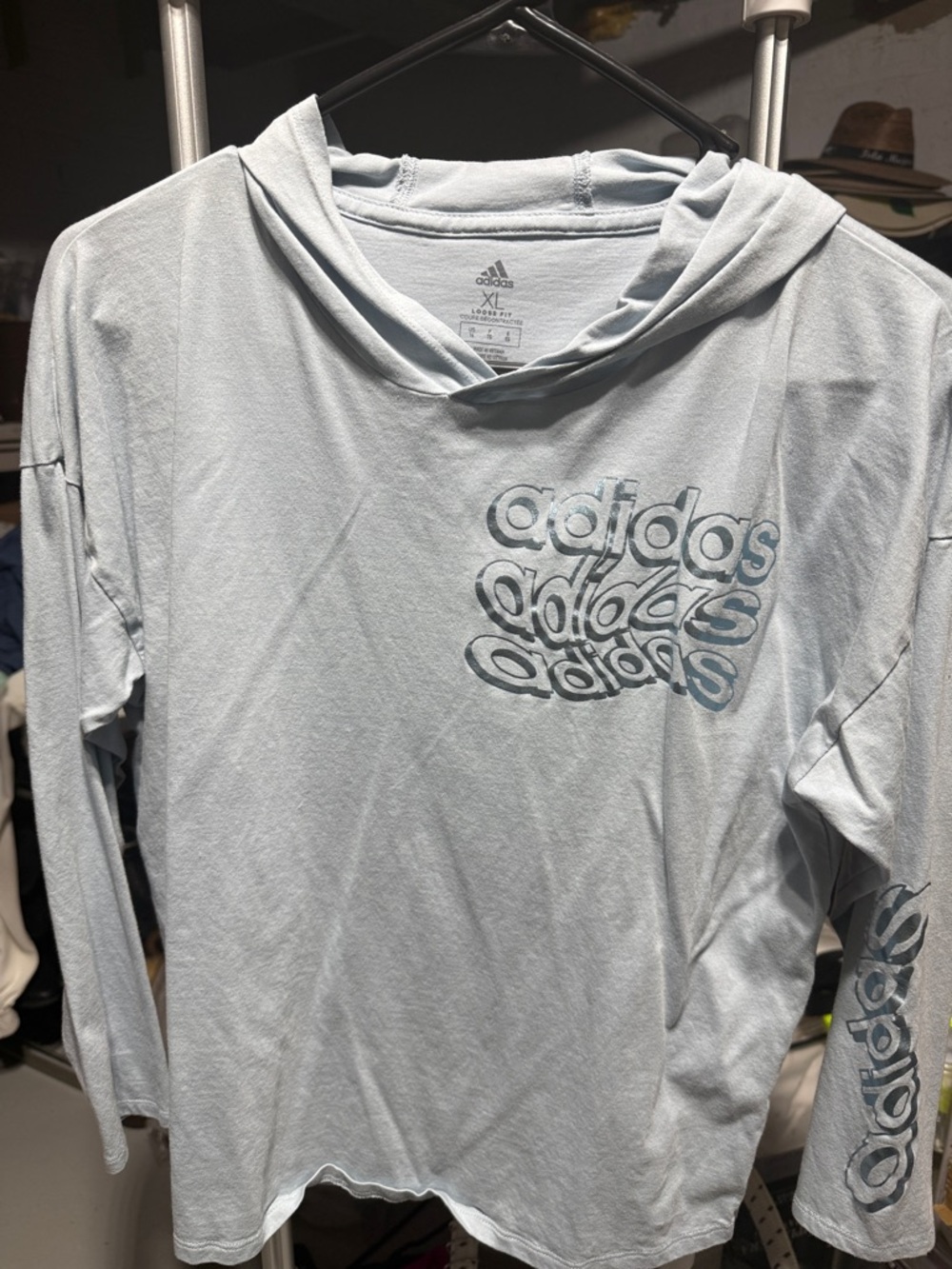 adidas Pale Blue lightweight Hooded Long Sleeve Tee with Logo Print